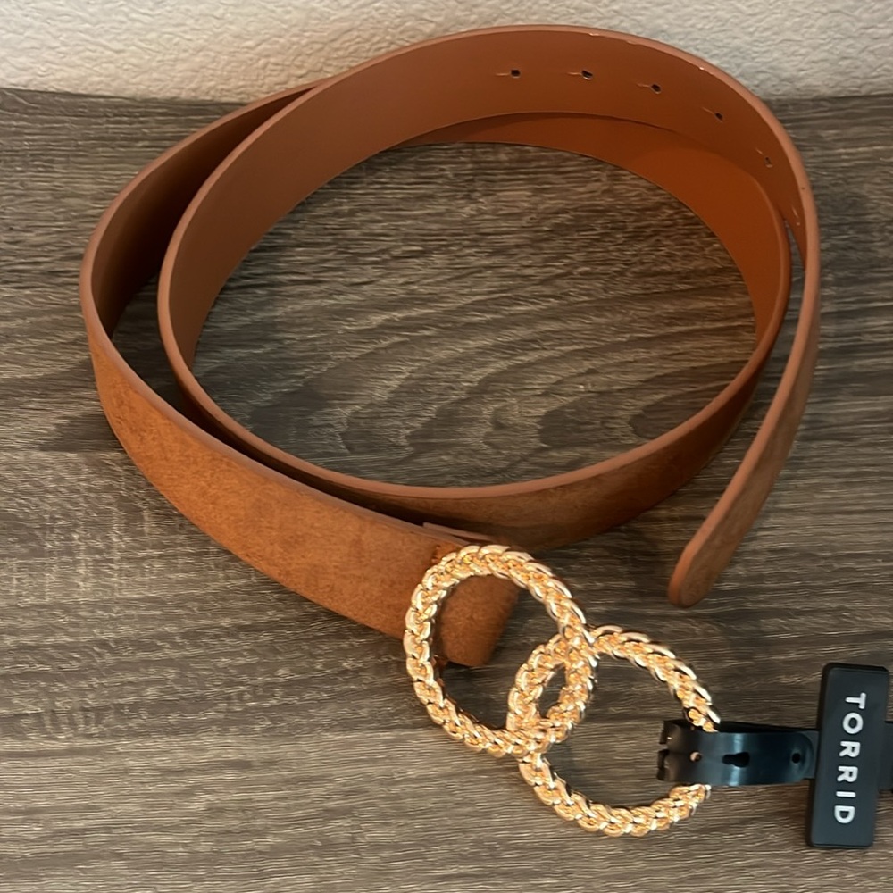 Torrid Brand Plus size belt. Double O Gold buckle . Cognac Faux suedeSZ 0/00plus - Picture 2 of 3